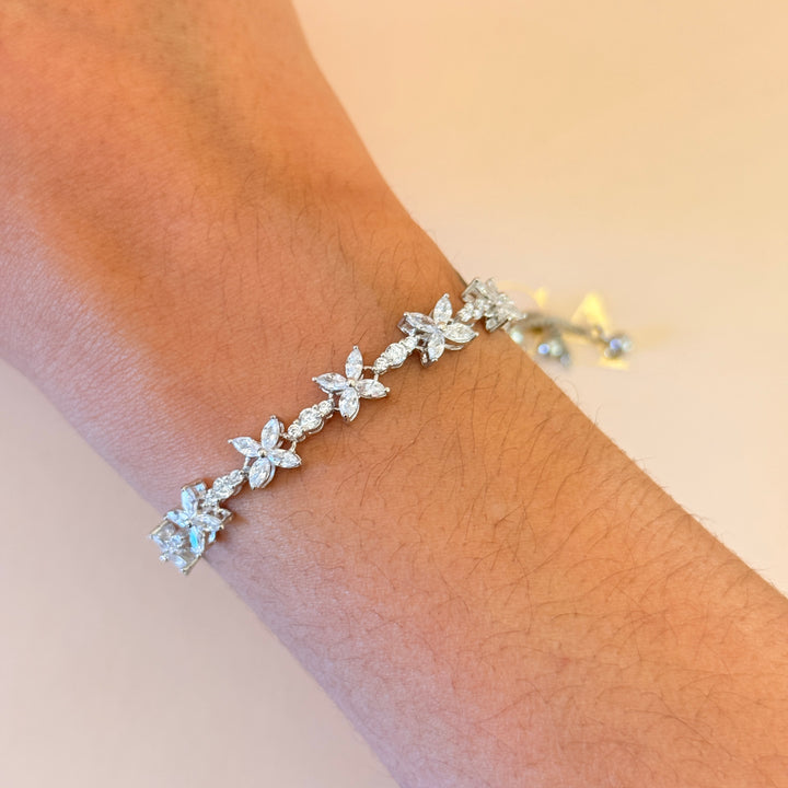 Flower and marquise zircone silver bracelet