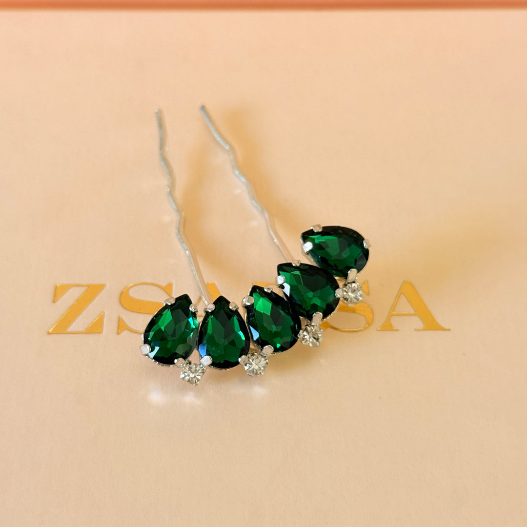 Preciosa crystals teardrop dark green silver hair pin