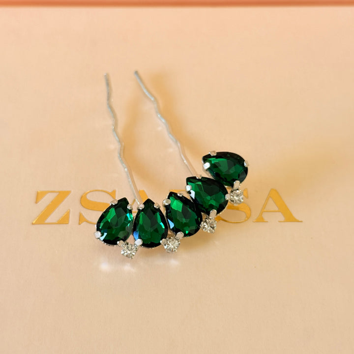 Preciosa crystals teardrop dark green silver hair pin