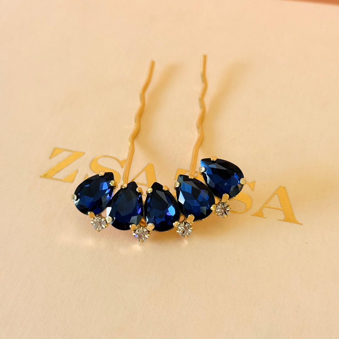 Preciosa crystals teardrop navy blue gold hair pin