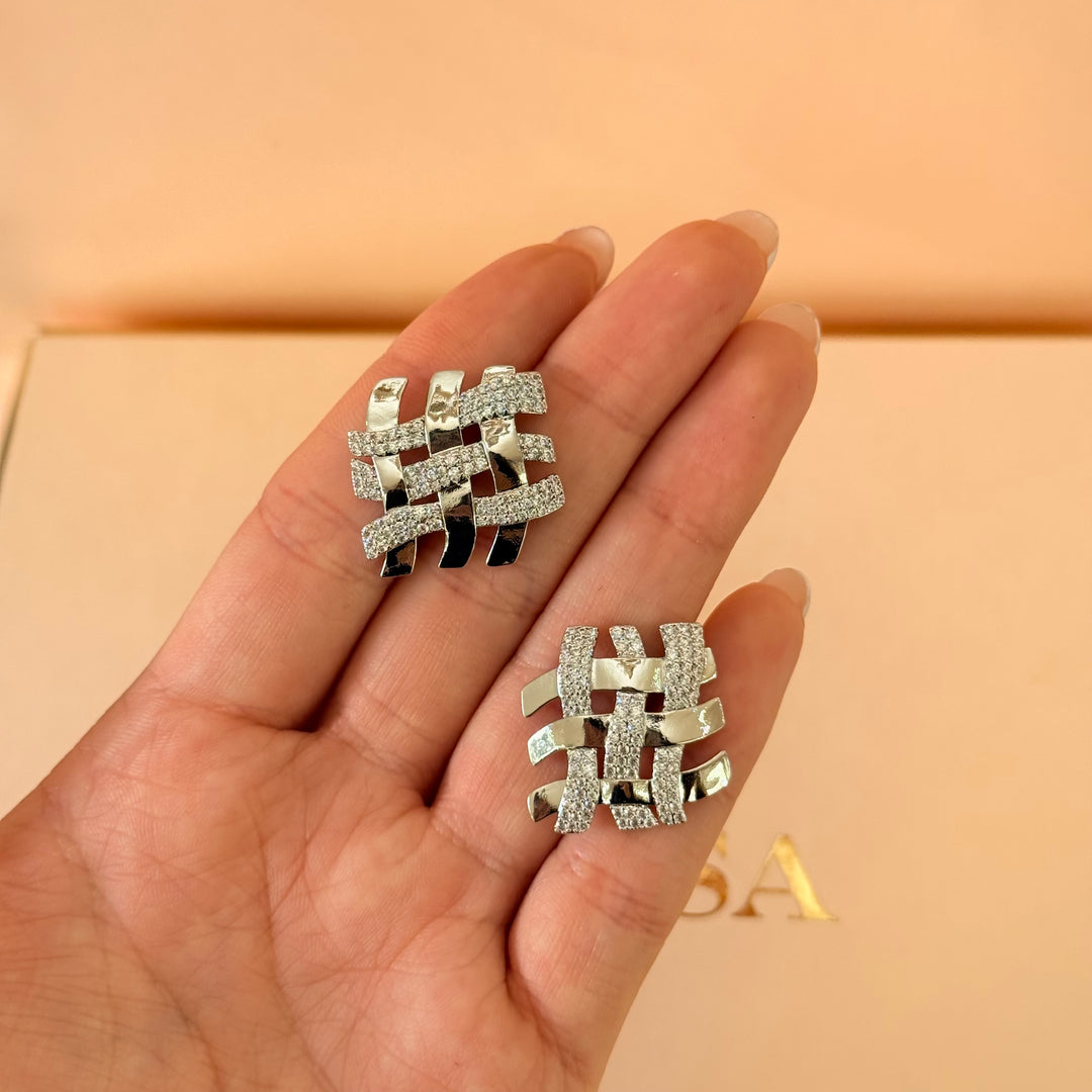 Square grid zircone silver earrings