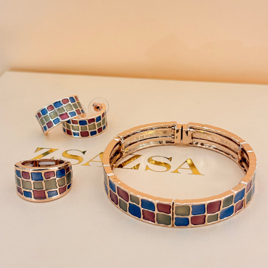 Brick Red, Blue & Bronze Rose Gold Plated Enamel Set