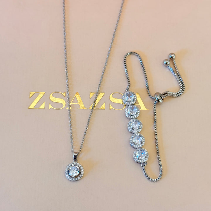 Round zircone silver pendant and bracelet