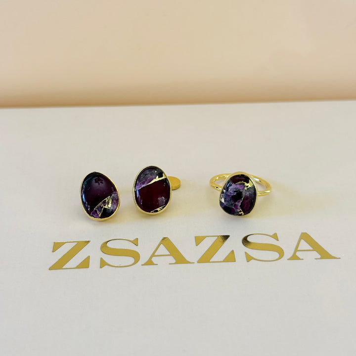 Purple natural stone earrings and ring