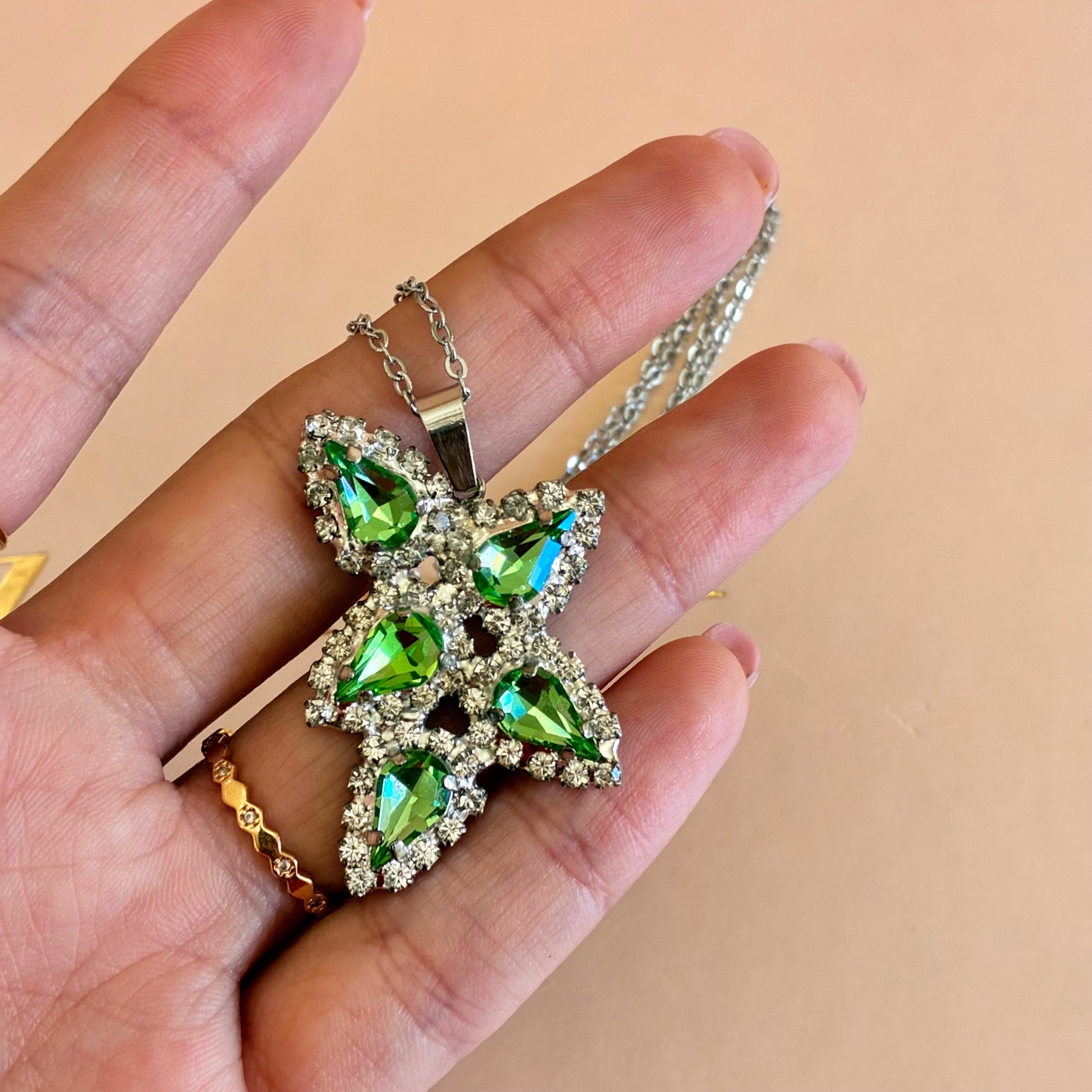 Green teardrops Swarovski crystals silver set