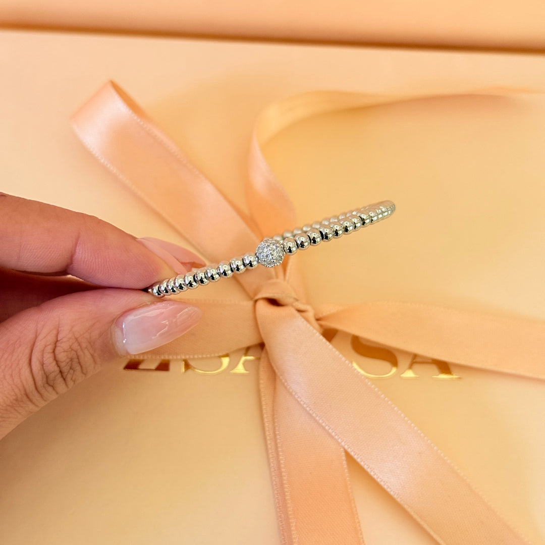 Dainty ball plain and zircon silver bangle
