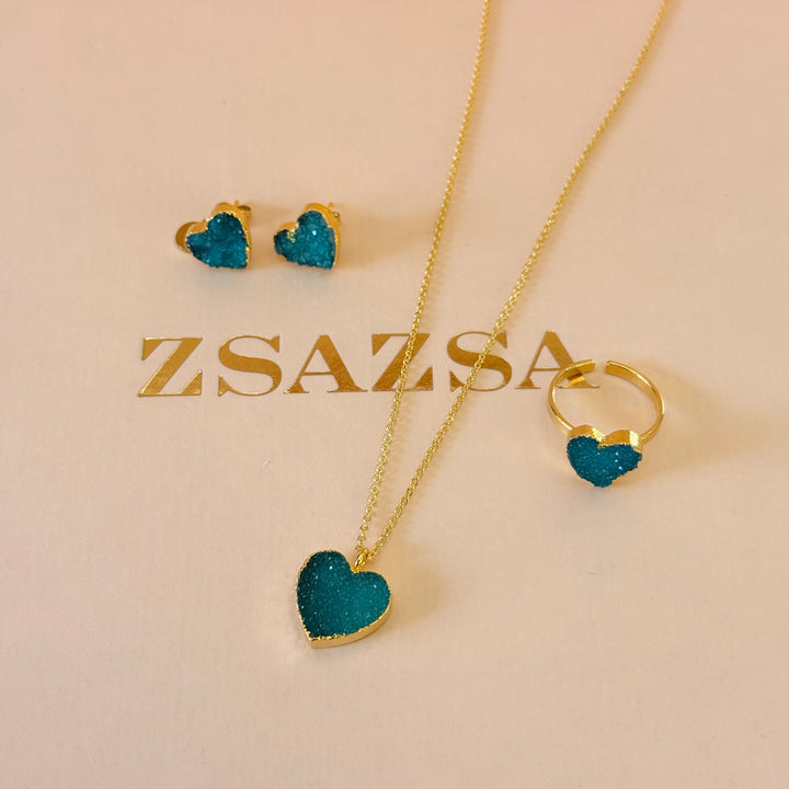 Green agathe heart gold plated set