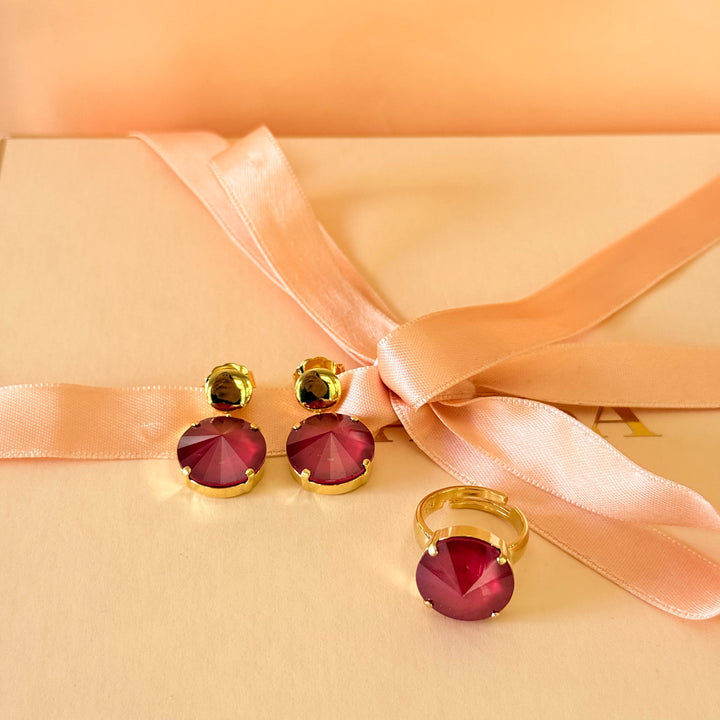 Round red Swarovski crystals earrings and ring