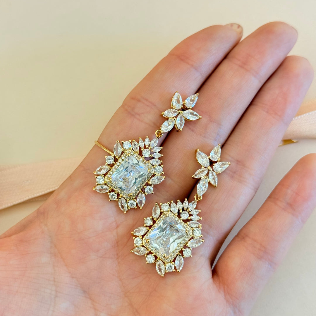 Rectangular and marquise zircone gold plated earrings