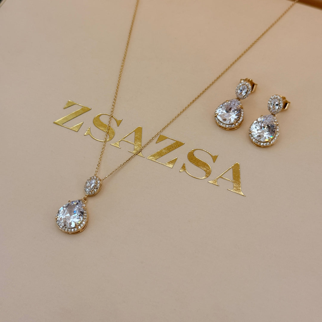 Teardrop zircone sterling silver gold plated set