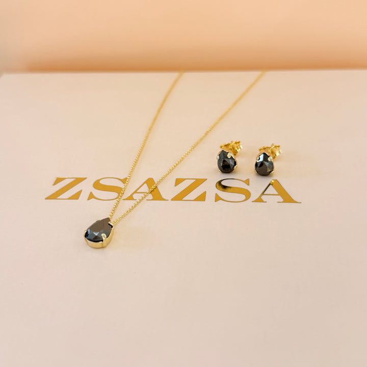 Dainty grey teardrop sterling silver gold plated set