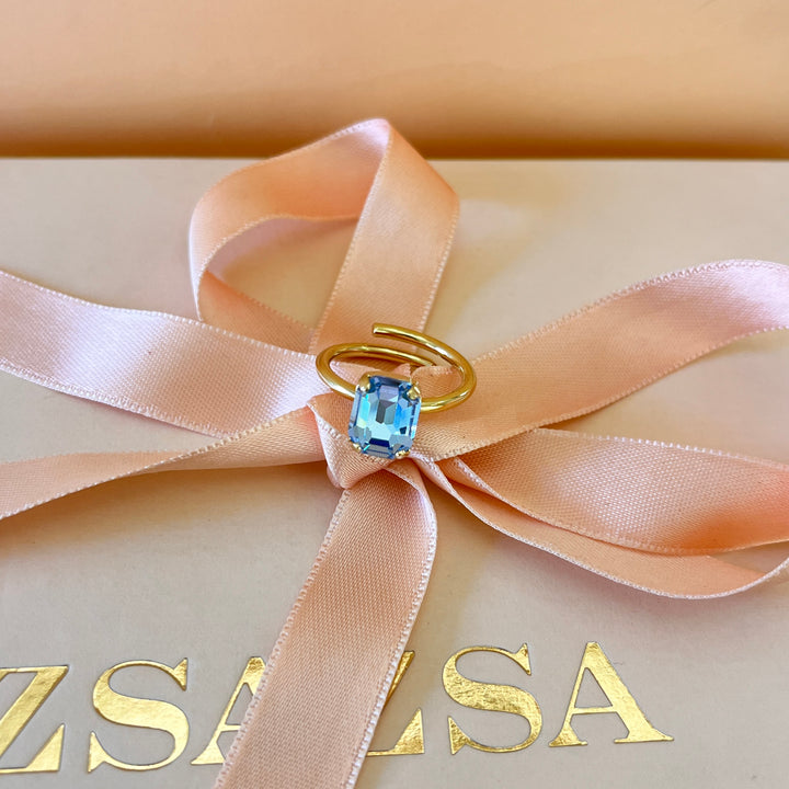 Light blue rectangular Swarovski crystal ring