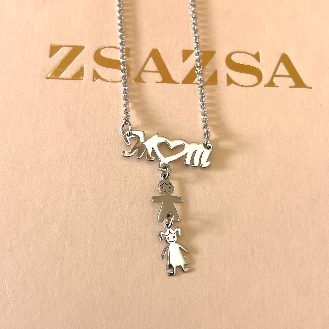 Mom & children white gold plated necklace