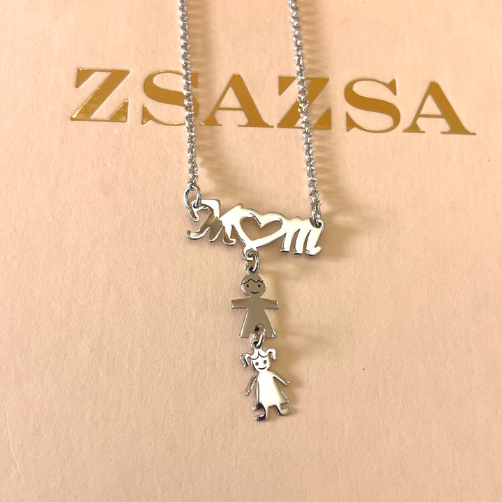 Mom & children white gold plated necklace