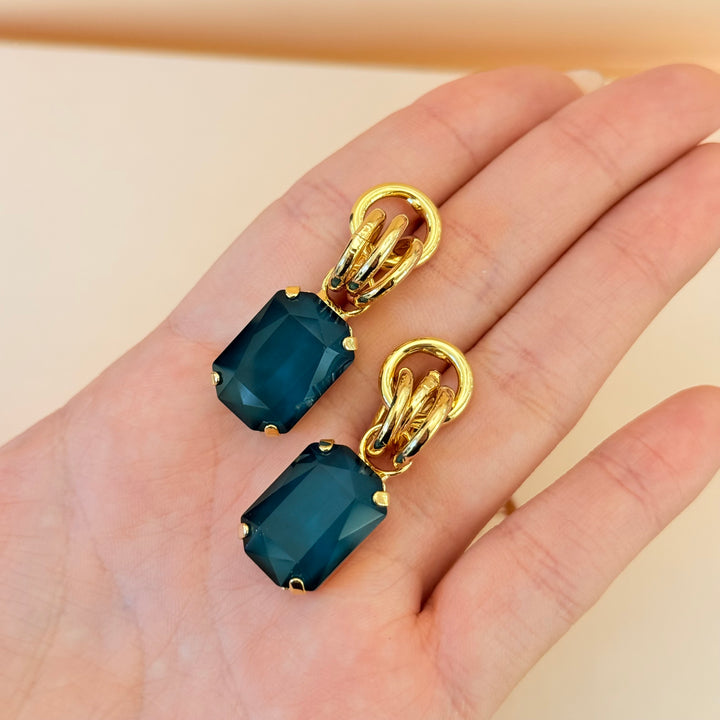 Rectangular dark green Swarovski crystals gold plated set