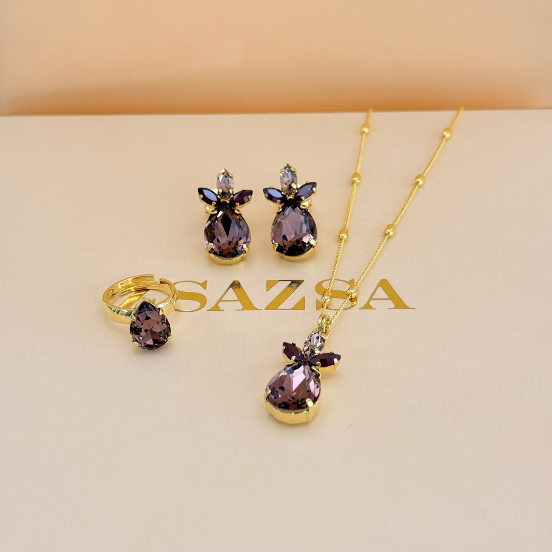 Marquise and teardrop mauve and dark red Swarovski crystals gold plated set