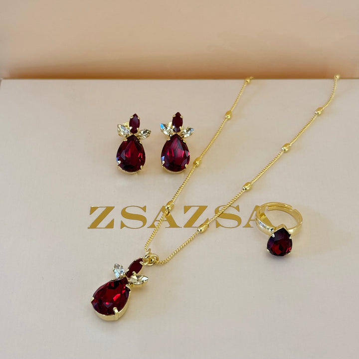 Marquise and teardrop dark red Swarovski crystals gold plated set