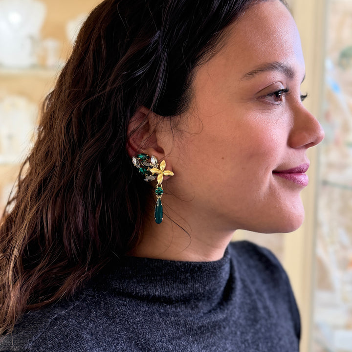 Green and grey Swarovski crystals gold plated earrings