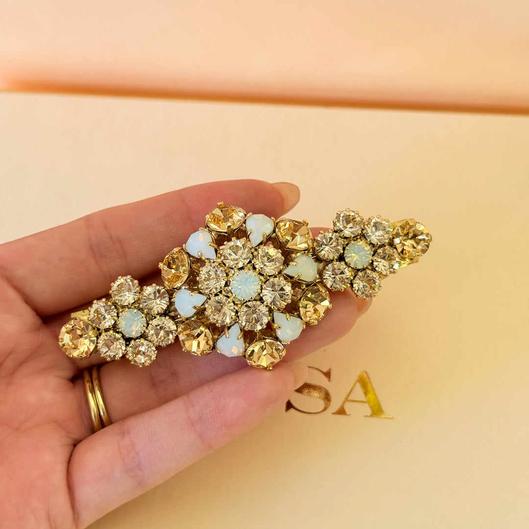 Swarovski crystals flowers peach & white gold hair clip