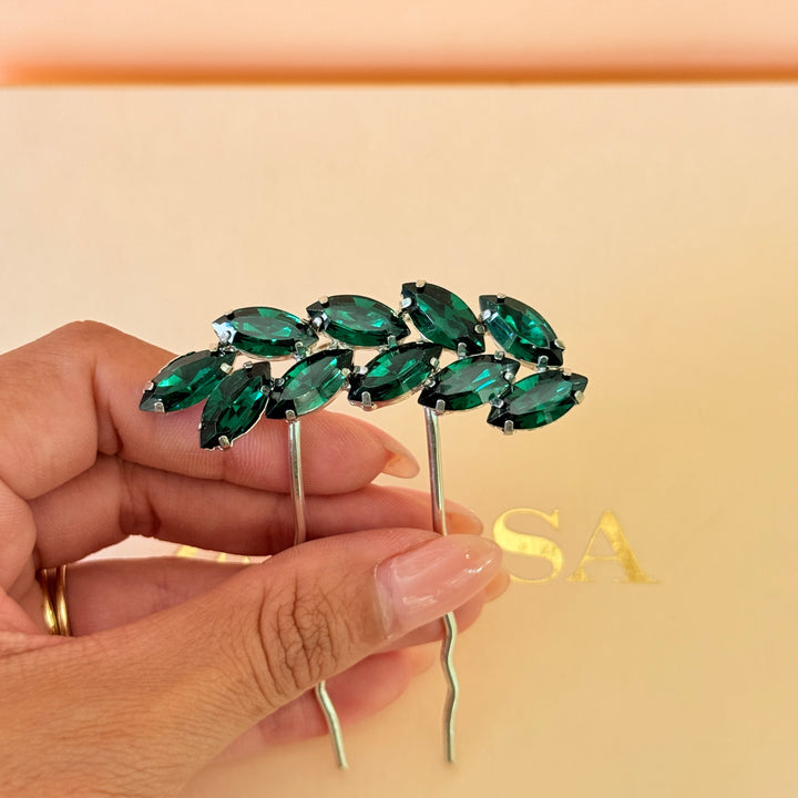 Preciosa crystals dark green silver hair pin