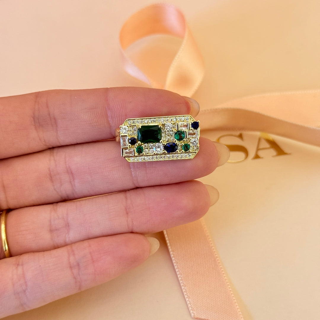 Dainty green and blue zircone gold plated brooch