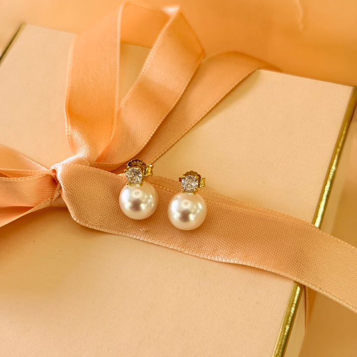 Small zircone and pearl sterling silver gold plated earrings