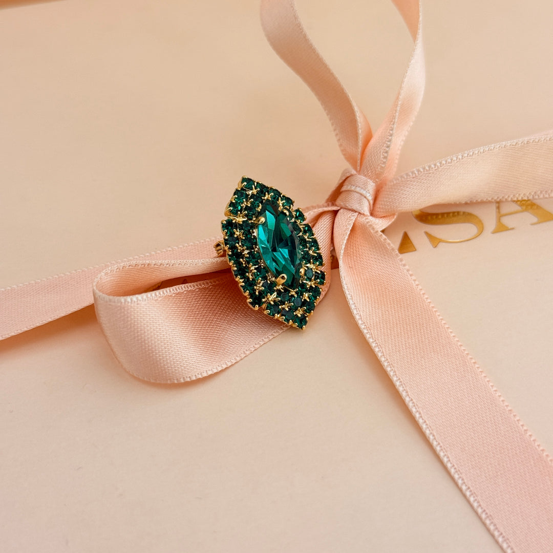 Marquise green preciosa crystals gold plated brooch