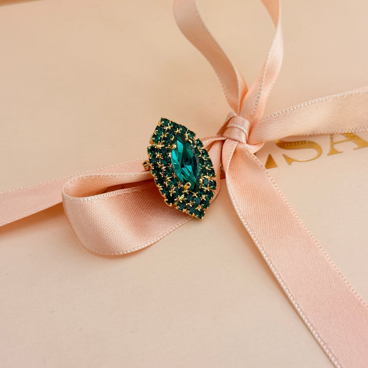 Marquise green preciosa crystals gold plated brooch