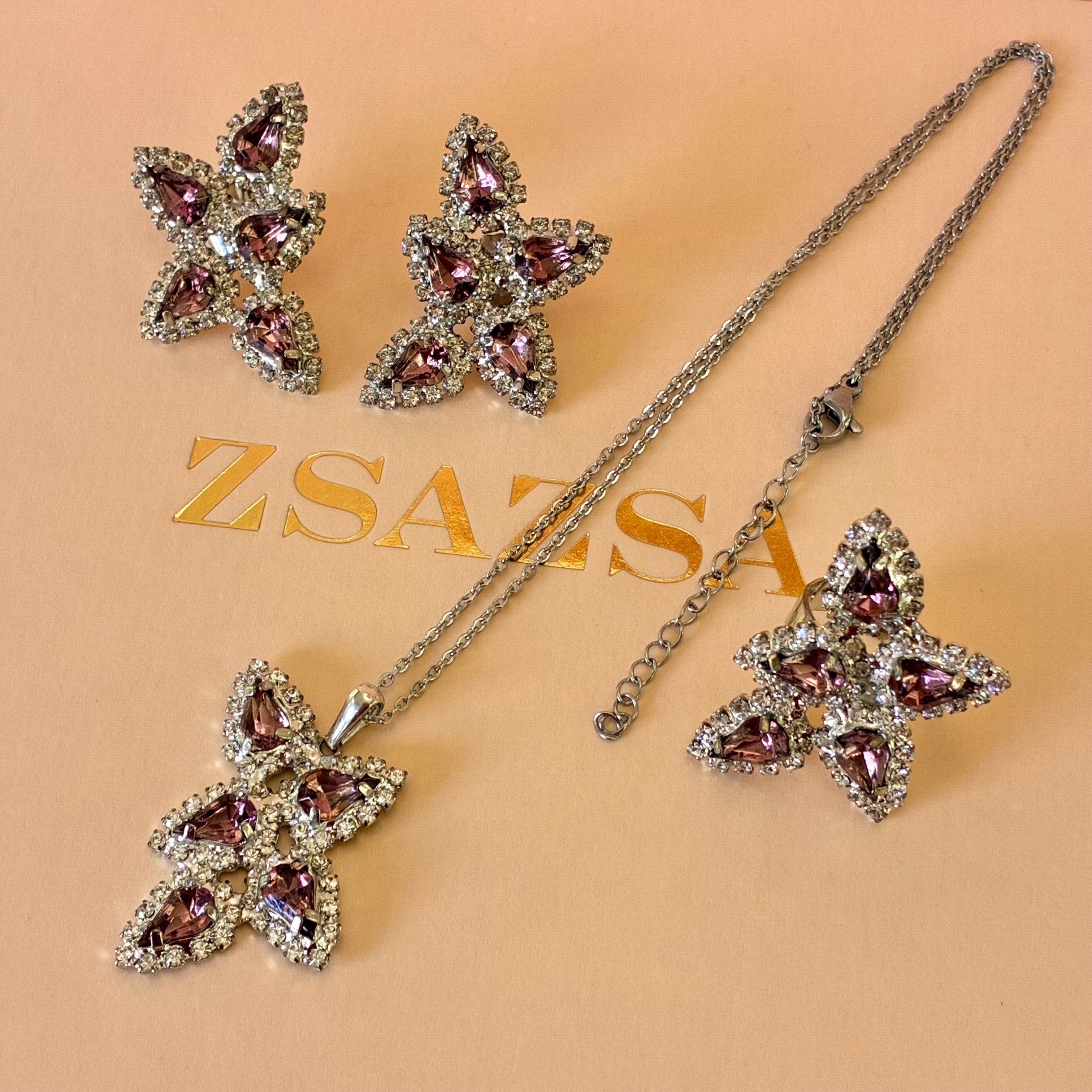 Mauve teardrops Swarovski crystals silver set