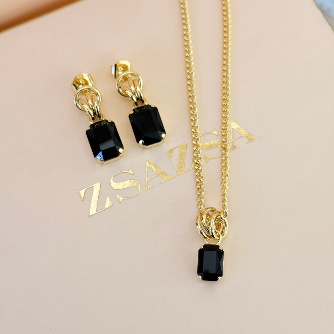 Rectangular black Swarovski crystals gold plated set