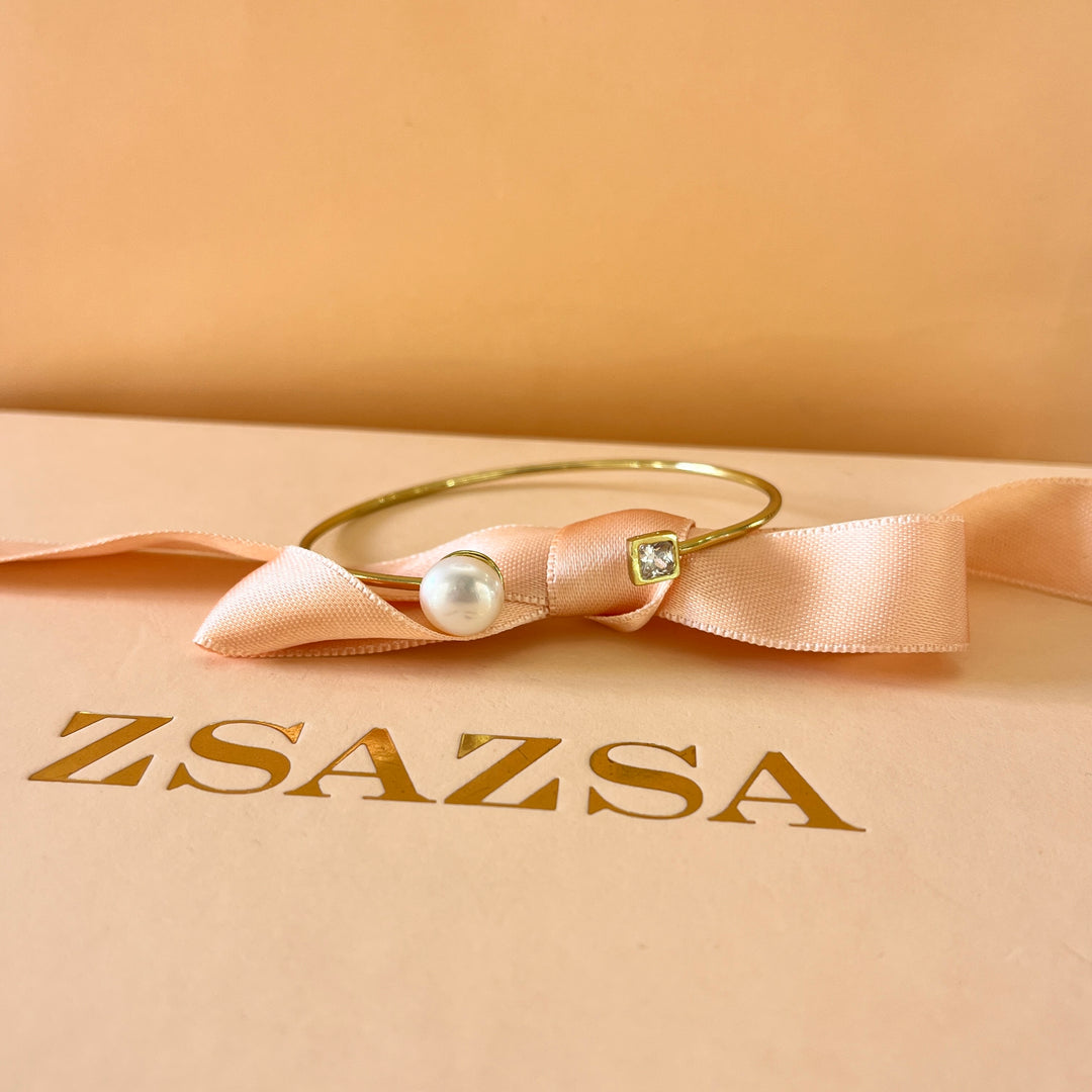 Square zircone and fresh water pearl gold plated sterling silver bangle