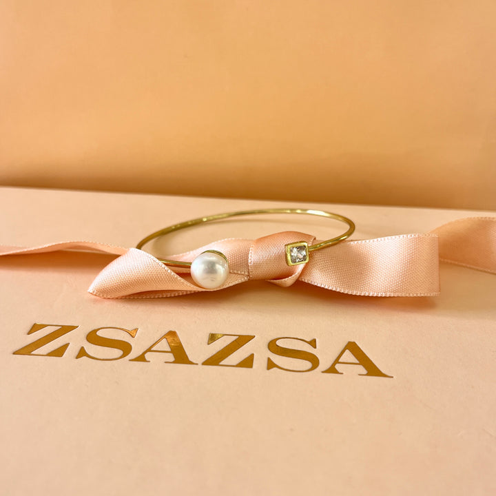 Square zircone and fresh water pearl gold plated sterling silver bangle