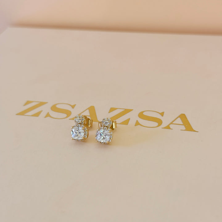 Square and round zircone sterling silver gold plated studs