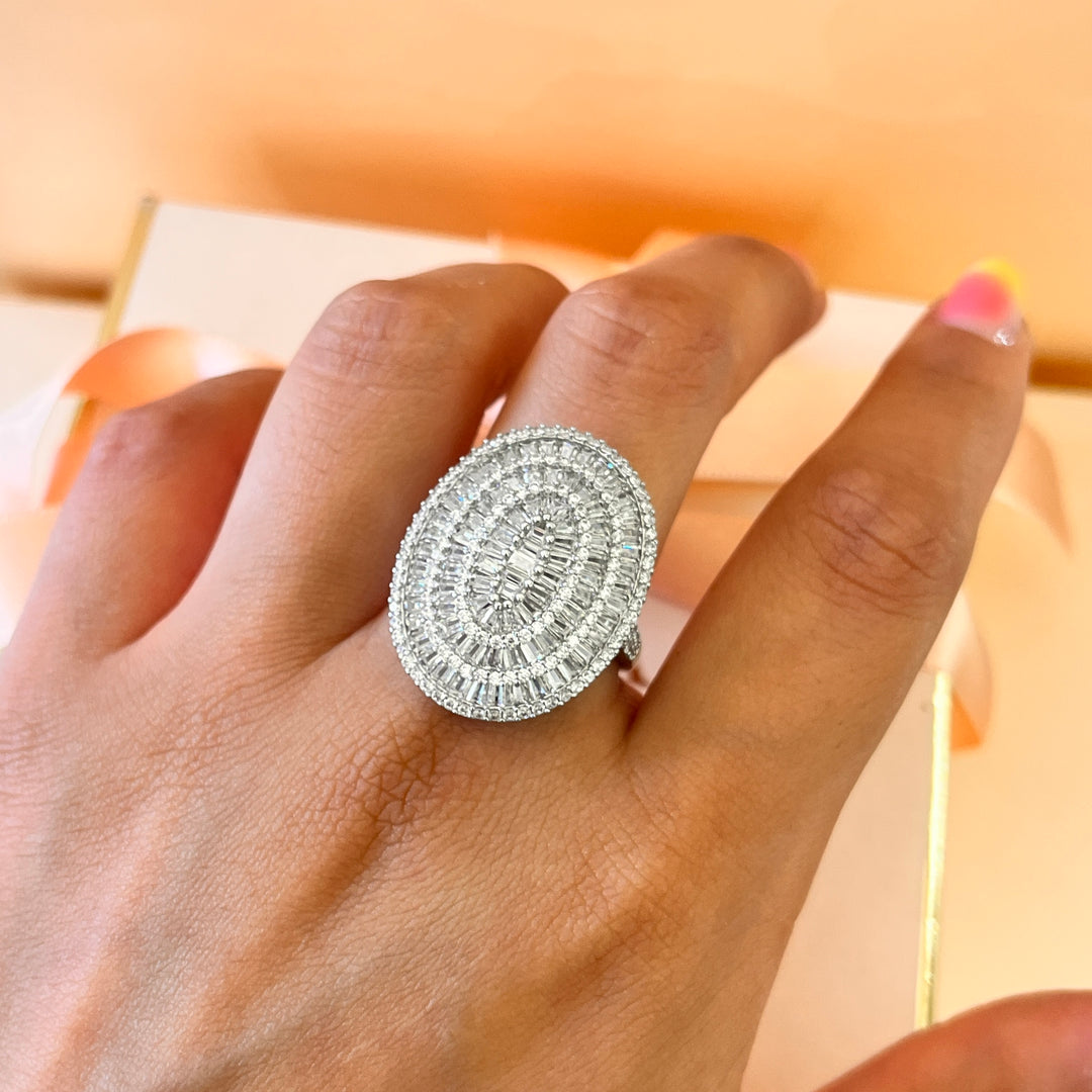 Zircone baguette white gold plated oval ring