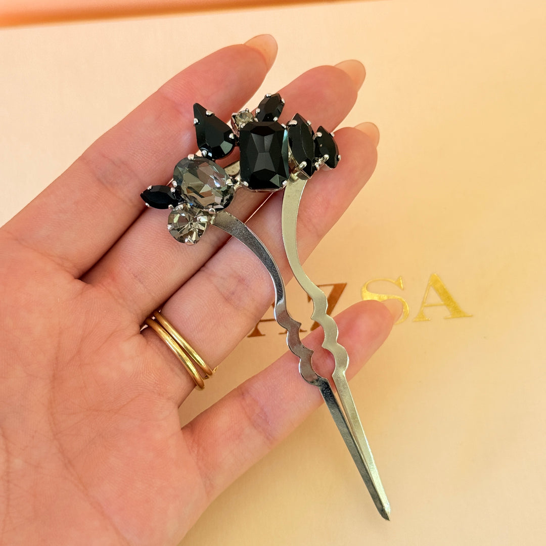 Preciosa crystals black and grey silver hair pin