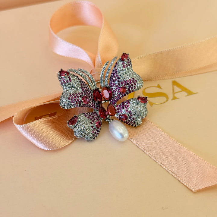 Butterfly Fuchsia and pearl zircone silver brooch