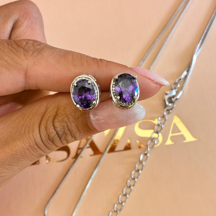Oval purple zircone silver pendant set