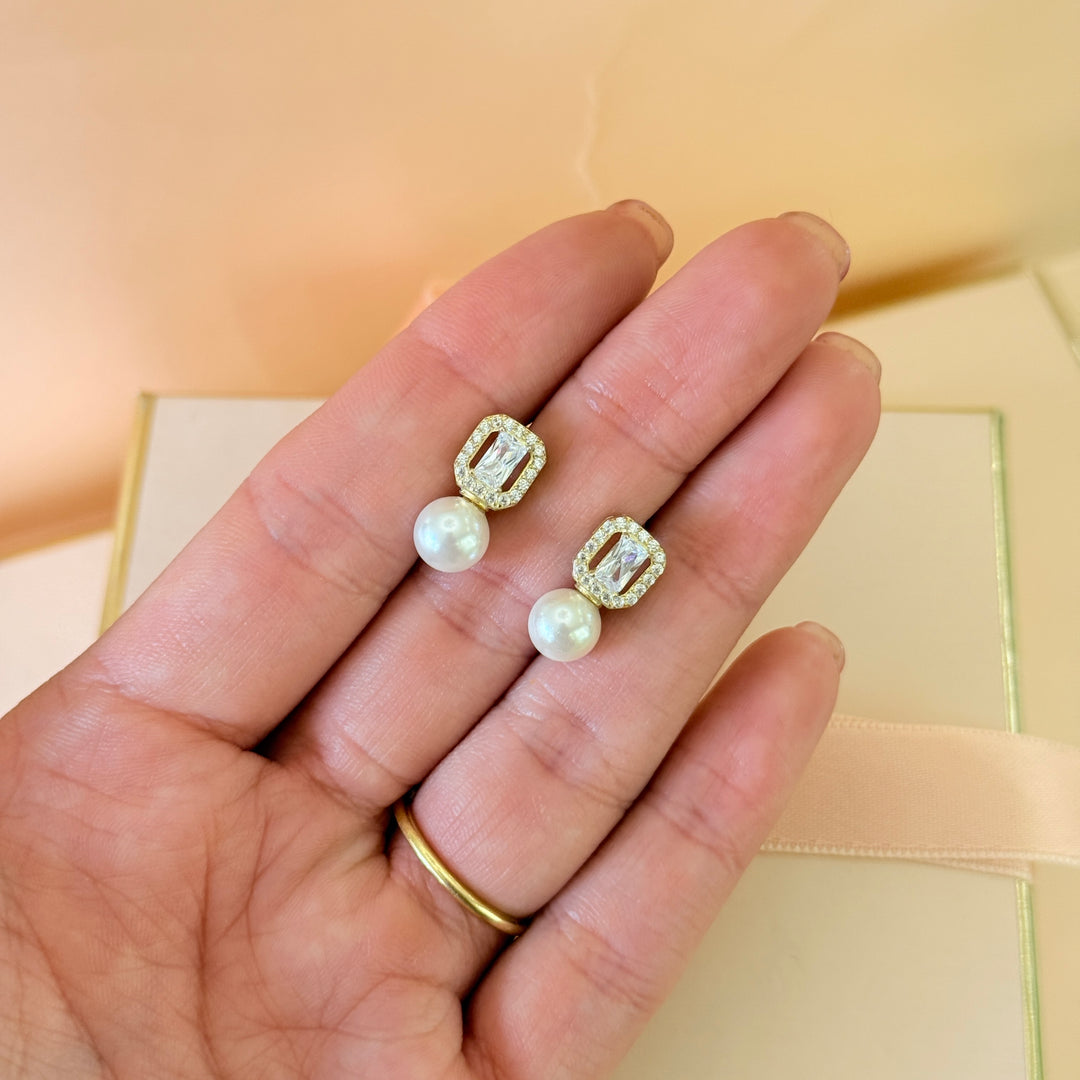 Baguette zircone pearl sterling silver earrings