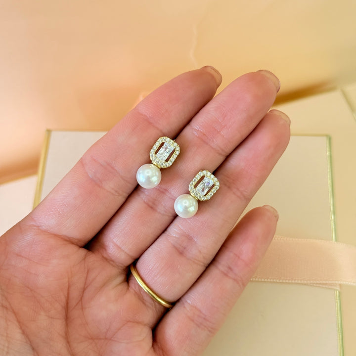 Baguette zircone pearl sterling silver earrings