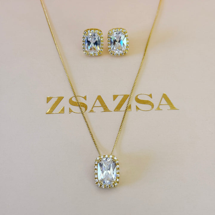Rectangular zircone gold plated pendant set