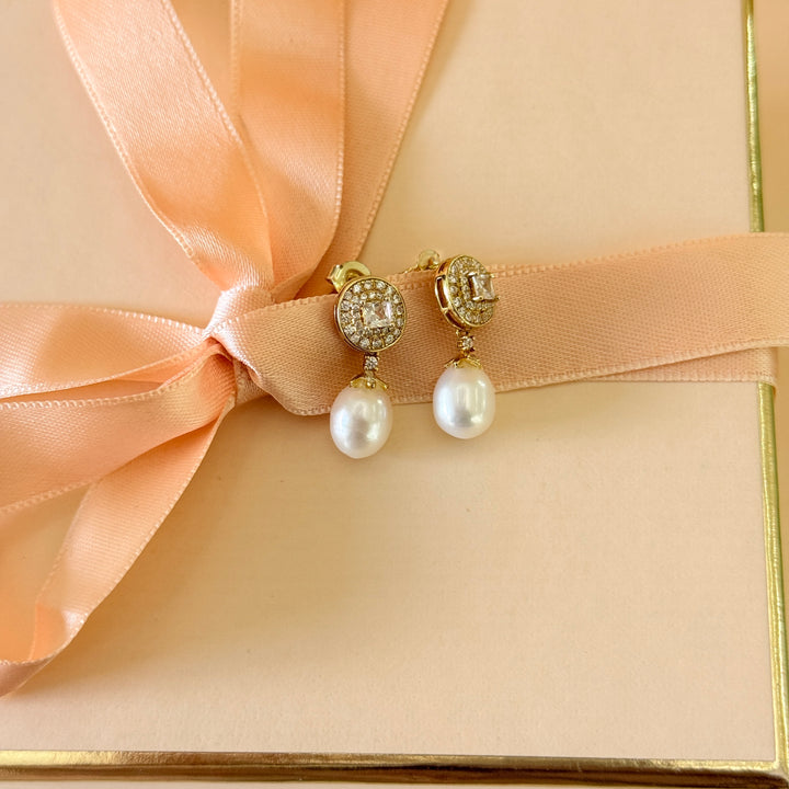 Square zircone and pearl sterling silver gold plated earrings