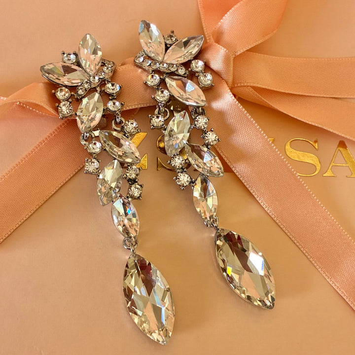 Marquise silver long clip on earrings