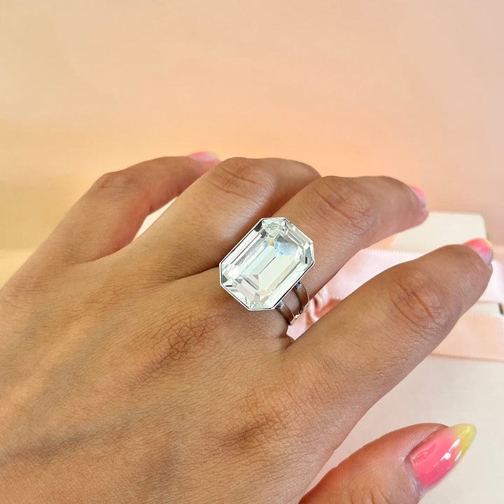 Swarovski crystals rectangular white gold plated ring