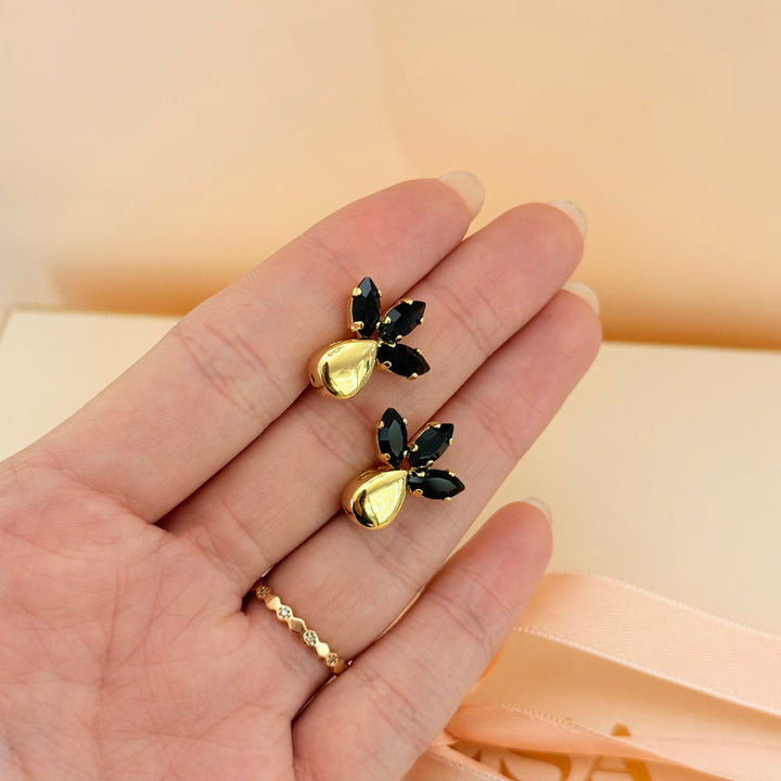 Marquise black Swarovski crystals gold plated earrings