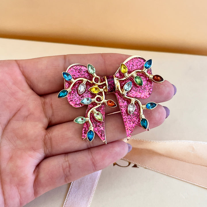 Pink Christmas bow brooch