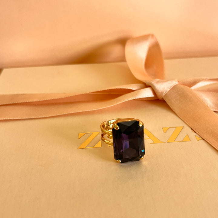 Purple rectangular preciosa crystals ring