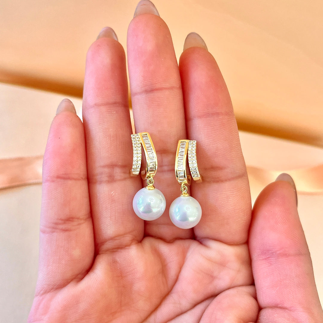 Baguette zircone and white pearls gold plated earrings