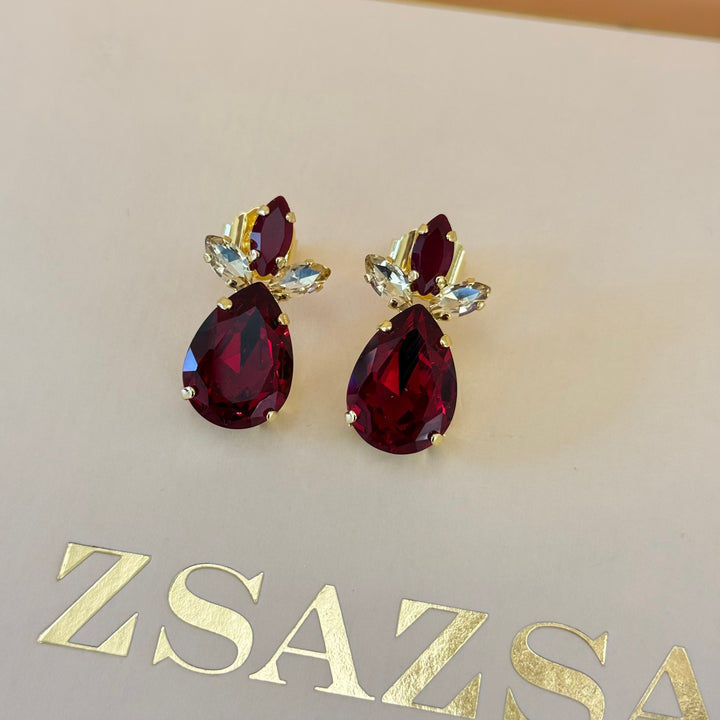Marquise and teardrop dark red Swarovski crystals gold plated set