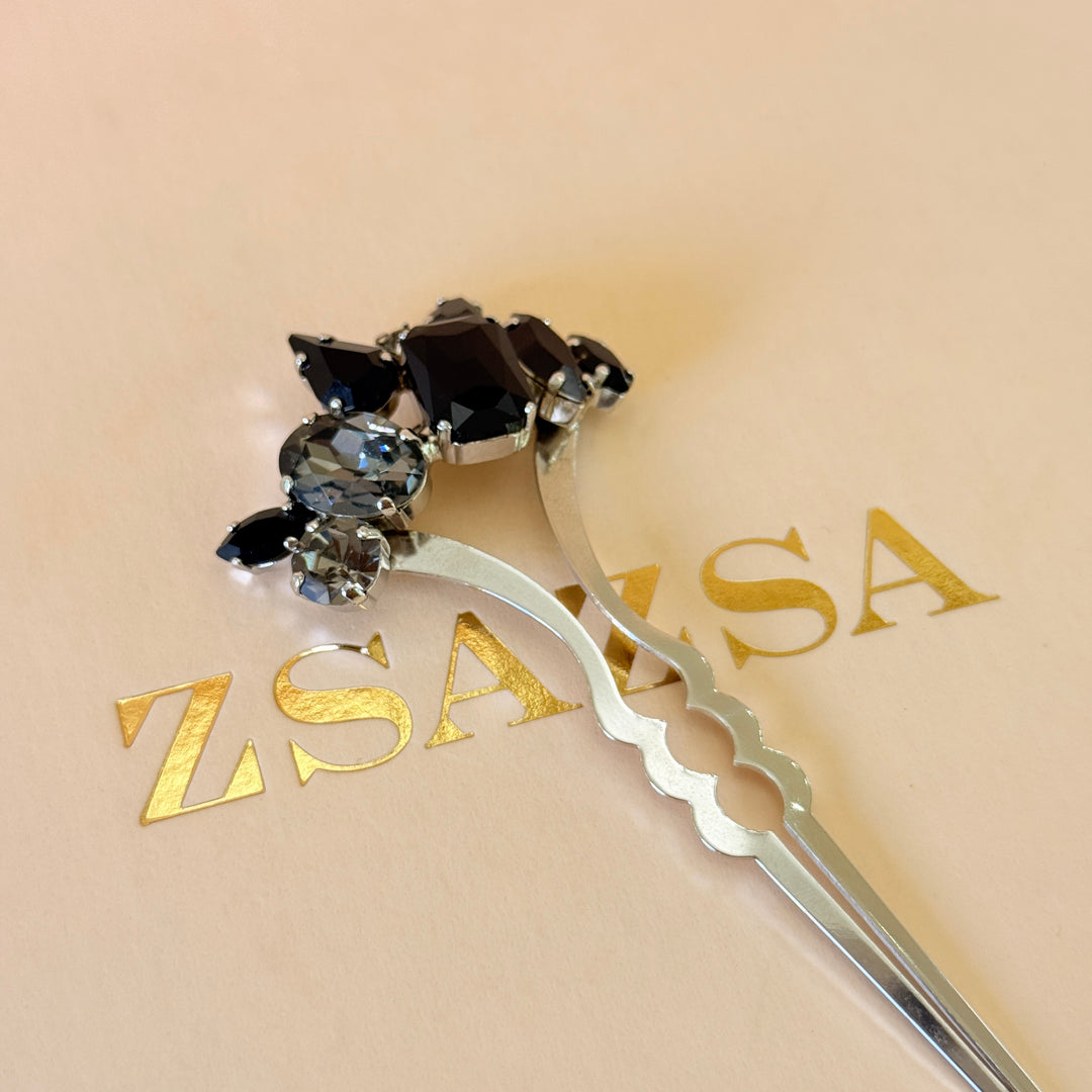 Preciosa crystals black and grey silver hair pin
