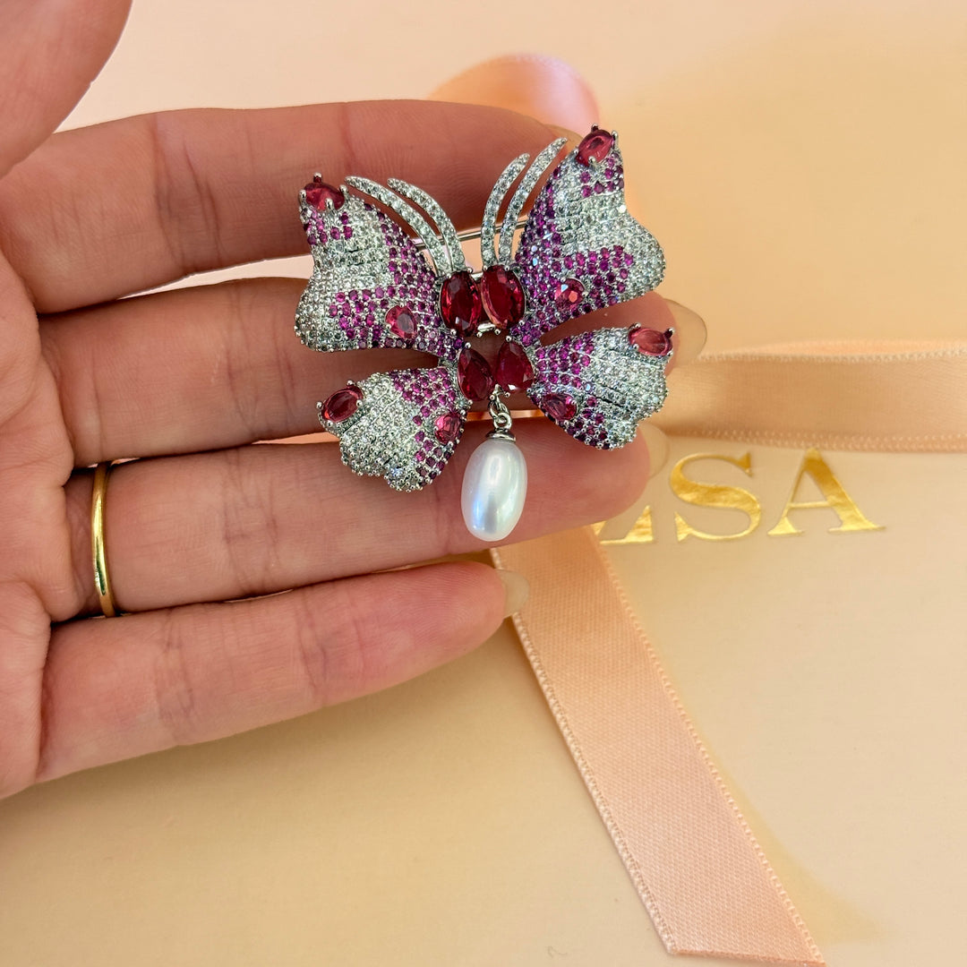 Butterfly Fuchsia and pearl zircone silver brooch